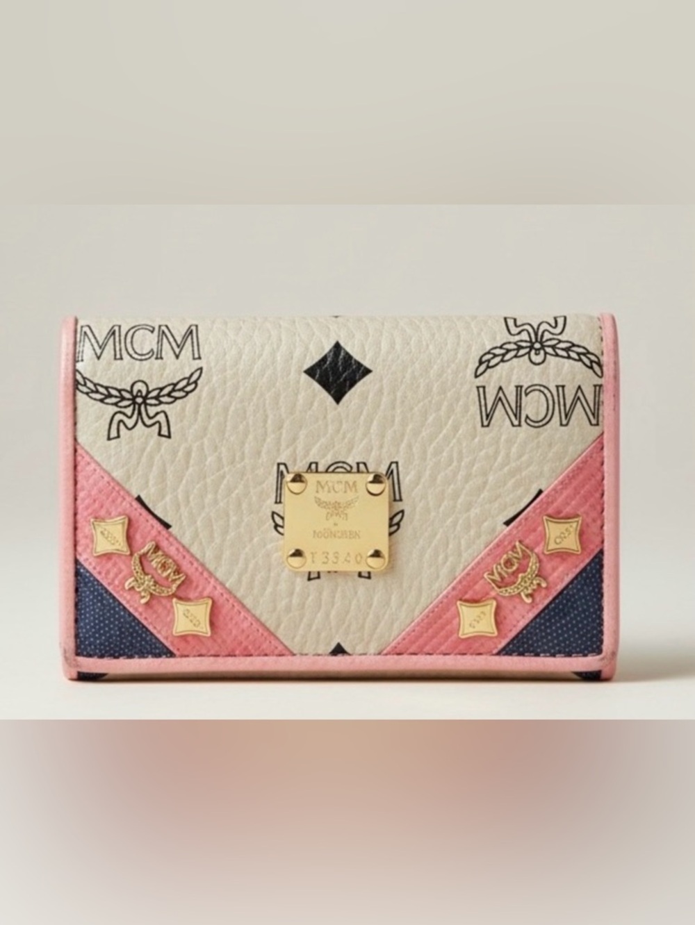 MCM White and Pink Leather Logo Card Holder Wallet with Gold Plaque
